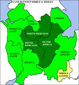 Mercia. Hellgrün = größte Ausdehnung im 7. bis 9. Jahrhundert, dunkelgrüne Kerngebiet im 6. Jahrhundert