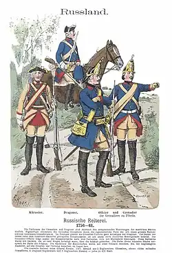 Russische Grenadiere zu Pferde (rechts), das Kaskett mit langem Nackenschirm (1756). Farbtafel von Richard Knötel