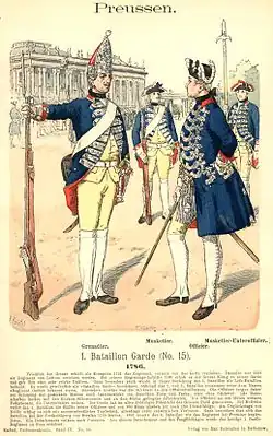 Ein preußischer Grenadier mit Gewehr Muster 1723 im Potsdamer Stadtschloss von 1786.