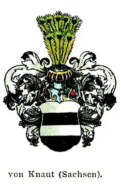 Wappenvariante der sächsischen Linie Knaut, mit Pfauenfederstoß