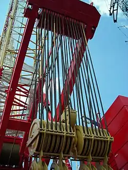 Im Vergleich die moderne Auslegung mit 31&nbsp;Rollen (16&nbsp;oben, 14&nbsp;unten, 1&nbsp;Rolle mittig im unteren Block) gezogen mit 2&nbsp;Zugseilen (im Hintergrund)