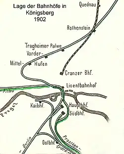 Lage der Bahnhöfe in Königsberg 1902