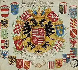 Wappen des Kaisers Ferdinand III. im Kolorierten Wappenbuch der Bibliotheca Windhagiana (um 1650)
