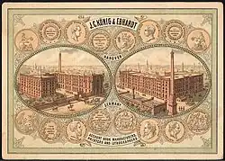 Geschäfts-Visitenkarte um 1880: Vorder- und Rückansicht der Gebäude in Hannover