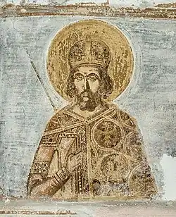 Konstantinos XI., zeitgenössisches Porträt in der Kirche des ehemaligen Klosters Taxiarchon in Aegialia