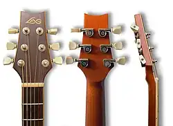 Dreiseitenansicht des „Headstock“ einer Akustikgitarre mit Stahlsaiten