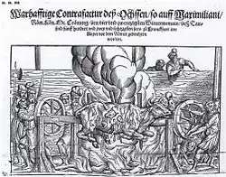 Ochse der zur Krönung Maximilians II. 1562 gebraten wurde, gefüllt mit einem Hirsch, einem Schwein, einem Kalb und verschiedenem Geflügel