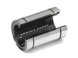 Linearkugellager als Wellenführung: Die Kugeln der Kugelumlaufbuchse werden in äußeren (nicht sichtbaren) Kanälen zurückgeführt