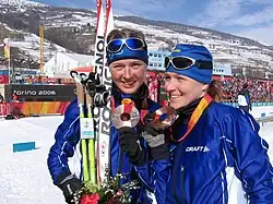 Bronze im Teamsprint 2006: Virpi Kuitunen (l.) und Aino-Kaisa Saarinen