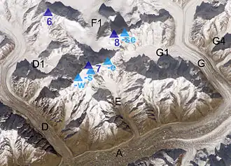 Satellitenbild des Hispar Muztagh; Yutmarugletscher (G), Westlicher Yutmarugletscher (G1), Östlicher Yutmarugletscher (G4).