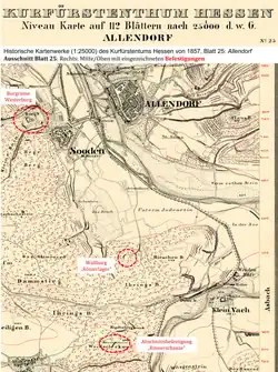 Kartenausschnitt Karten­blatt 25, Allendorf von 1857 des Kurfürstentums Hessen mit eingezeich­ne­ten Befestigungen