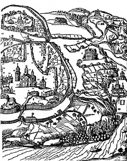 Athanase Kalnofoïski: Plan mit dem Kiewer Höhlenkloster und Einsiedeleien in der Umgebung, 1638