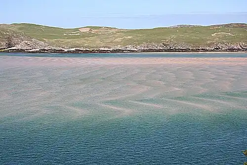 Entstehung zickzackförmiger Sandwellen durch die Interaktion von Wind und auslaufender Ebbeströmung. Blickrichtung nach Osten.