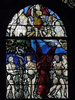 Adam und Eva werden aus dem Paradies vertrieben (unten) und der Erzengel Michael wiegt die Seelen (oben)