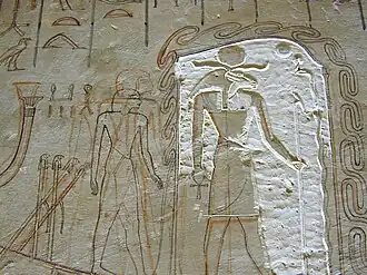 Unvollendete Wanddekoration mit Szene aus dem Pfortenbuch (Re auf der Sonnenbarke)