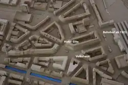 Modell des Bahnhofquartiers; unten der Schüsskanal