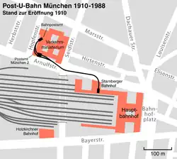 Lage des ehemaligen Bahnpostamts München 1910–1988