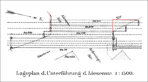 Lageplan von 1903,[23] in Rot sind die Veränderungen der Widerlager für die Balkenbrücken aus den 1950er Jahren angedeutet (nicht maßstäblich)