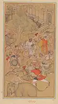 Akbar auf dem wilden Elefanten Lakhna, 1558. Farrukh, Gesichter von Mukund. Linke Hälfte