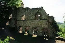 Bild 13: Ansicht der Nordwestseite, der Schauseite des Palas der Unterburg, mit dem horizontalen Wulstgesims und der Befensterung. Links schließt sich unmittelbar an den Palas die leicht aus der Mauerflucht vorspringende Burgkapelle an