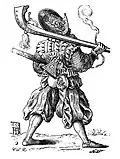 Landsknecht-Doppelsöldner mit Arkebuse und Morion nach Jakob de Gheyn II.