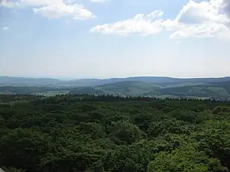 Langhals (Bildmitte), Links davon das Usinger Becken. Der östliche Taunushauptkamm dahinter, vom Aussichtsturm Pferdskopf.