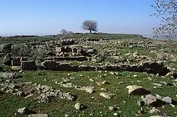 Verteilte Überbleibsel in Gestalt von Steinen und Fundamentresten auf einer leicht hügeligen Rasenfläche mit blauem Himmel am Horizont als Panoramablick.