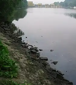 Früh morgens ist am Ufer die tägliche Schwankung des Wasserstands erkennbar.