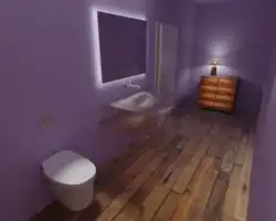 Akzentuierung von Ob­jek­ten: Hier die Toilette, der Spiegel und der Schrank; die Tischleuchte ist als solche ein akzentuiertes Objekt.