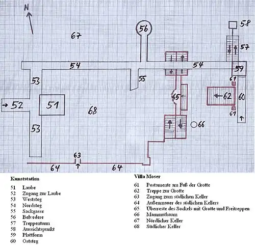 Plan&nbsp;2: Kunststation Villa Moser.[4] Reste der Villa Moser in Rot.