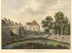 Das Hallische Pförtchen mit Brücke, im Hintergrund das Alte Theater, 1795
