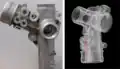 Ergebnisse einer industriellen 3D-CT; links die Fotografie des Untersuchungsobjektes (Lenkgehäuse aus Aluminium-Guss), rechts die CT-Aufnahme mit Darstellung von Poren und Einschlüssen (in rot)