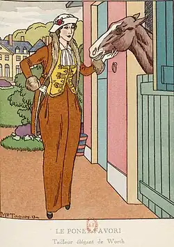 «&nbsp;Le poney favori. Tailleur élégant.&nbsp;» („Das Lieblingspony. Elegantes Kostüm.“) in La Gazette du bon ton, 1913