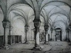 Krypta im Westbau, Blick nach Nordosten, Lithographie von 1843