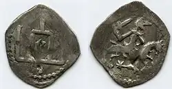 Litauischer Denar des Großherzogs Kasimir IV. Jagiellon mit Ritter zu Pferd und den Säulen von Gediminas, 15. Jahrhundert