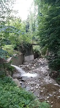 … bei der Obermühle in Berneck. Rückfluss des Abwasser der Obermühle (Mülibach) und alte Mülibrugg