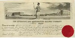 Gründeraktie der Liverpool and Manchester Railway Company, gedruckt auf Pergament, ausgegeben am 28. Dezember 1826.