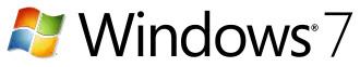 Versionslogo: links das Windows-„Fenster“ im Design von Windows XP, jedoch zur Mitte hin aufhellender Verlauf („blendendes“ Fensterkreuz); rechts daneben der Schriftzug „Windows (R) 7“ in serifenloser Schrift („Windows“ fetter als die „7“, jedoch ganzer Schriftzug in dünn gehaltenen Linien)