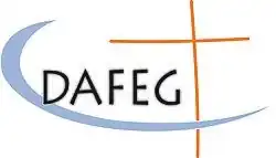 Logo der DAFEG, oranges Kreuz, hellblauer Bogen und Schriftzug DAFEG