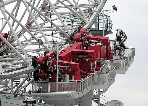 Blick auf eine Seite des Reibradantriebs, links ist ansatzweise die andere Seite zu erkennen