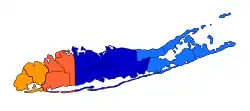 Nassau County (rot) und Suffolk County (blau und hellblau) sowie Brooklyn und Queens (N.Y. City, orange) im Westen
