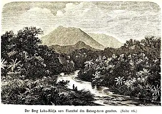 Der von Junghuhn am 3.&nbsp;bis 6.&nbsp;November 1840 erstiegene 1886&nbsp;m hohe erloschene Vulkan „Lubu Radja“. – Aus: Der Malayische Archipel von Hermann von Rosenberg