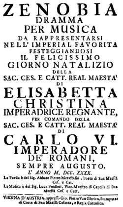 Luca Antonio Predieri – Zenobia – Titelseite des Librettos – Wien 1740