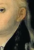 Die weiße Farbe bei den feinen Haaren ist deckend und kaum erhaben aufgetragen. Lucas Cranach d.&nbsp;Ä.: Bildnis eines jungen Mädchens, vor 1537. Detail.