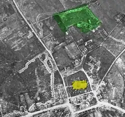 Luftbild von 1916, Ausgrabungsfläche von 2018 grün, Kirche gelb