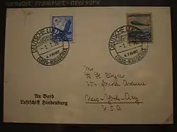 Brief an Bord der „Hindenburg“ geschrieben. Stempel: DEUTSCHE LUFTPOST EUROPA - NORDAMERIKA / LUFTSCHIFF HINDENBURG / 1.7.1936 / 4. FAHRT