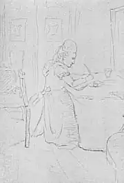 links: Luise von Göchhausen (Zeichnung von Johann Wolfgang von Goethe); rechts: Gedicht: Das Göttliche. Handschrift von Johann Wolfgang von Goethe. Frühe, noch unausgefeilte Fassung. Die Niederschrift ist eigenhändig adressiert: „Fräulein von Jöchhausen“.