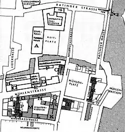 Mühlenplatz (heute Grabbeplatz) nach einer zeichnerischen Rekonstruktion von Hugo Weidenhaupt