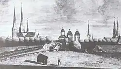 Die mit welschen Hauben bekrönten Doppeltürme des mittleren Mühlentors um 1779