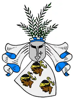 Wappen des Adelsgeschlechtes Münchow, drei Köpfe mit goldenen flatternden Stirnbändern